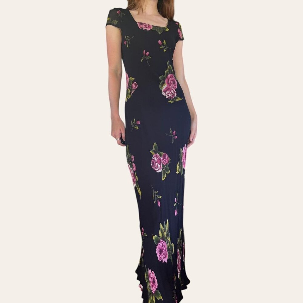 90s vintage floral chiffon square neck cap sleeve maxi dress black and pink XS/S